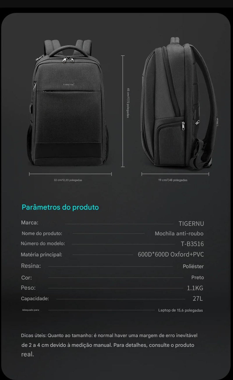 Mochila masculina anti-furto, USB, impermeável e para laptop 15.6"