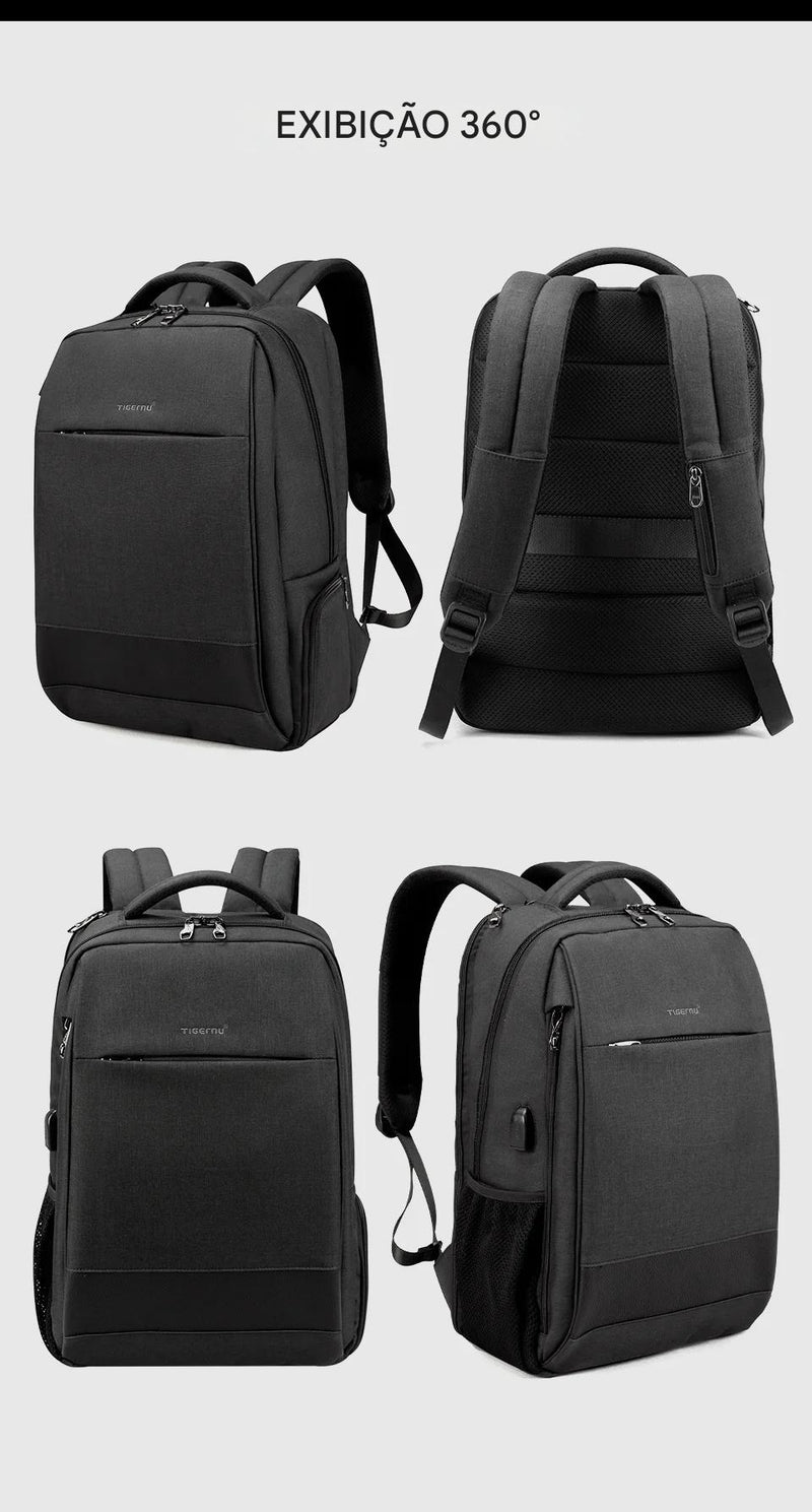 Mochila masculina anti-furto, USB, impermeável e para laptop 15.6"