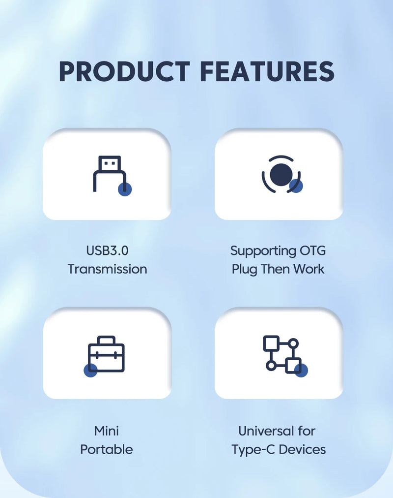 Adaptador USB 3.0/2.0 para Type-C e Micro USB.