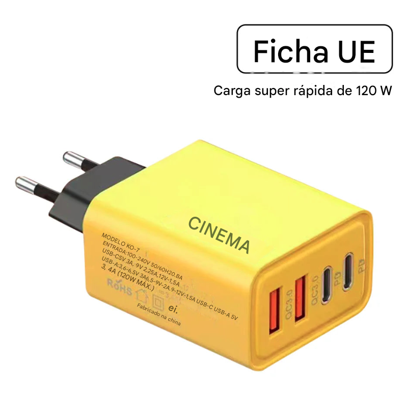 Carregador rápido de 120 W com 4 portas para celular QC3.0 USB tipo C