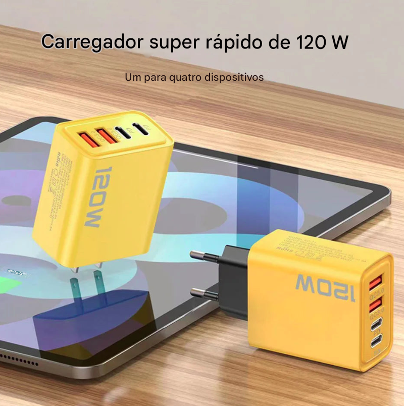 Carregador rápido de 120 W com 4 portas para celular QC3.0 USB tipo C