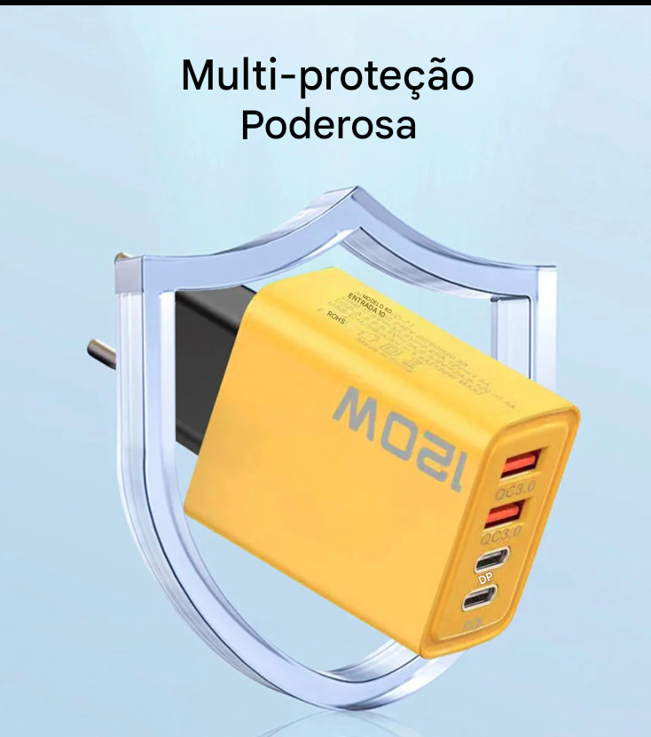 Carregador rápido de 120 W com 4 portas para celular QC3.0 USB tipo C