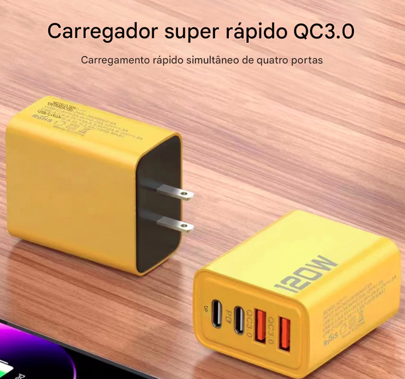 Carregador rápido de 120 W com 4 portas para celular QC3.0 USB tipo C