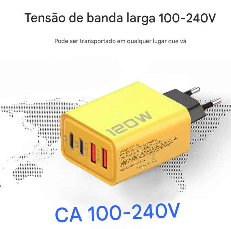 Carregador rápido de 120 W com 4 portas para celular QC3.0 USB tipo C