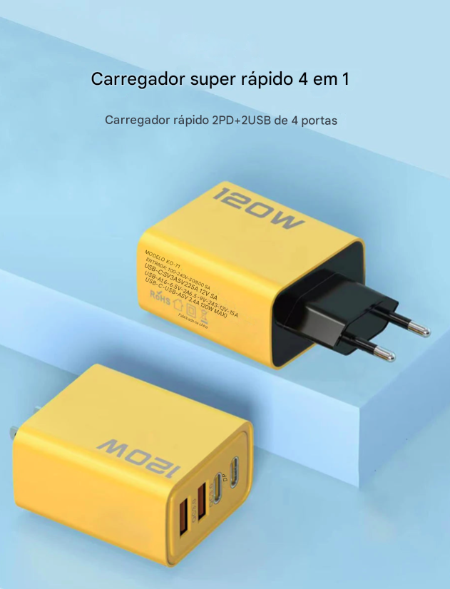 Carregador rápido de 120 W com 4 portas para celular QC3.0 USB tipo C