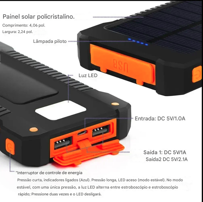 Power Bank Solar à prova d'água para Disposetivos digitais